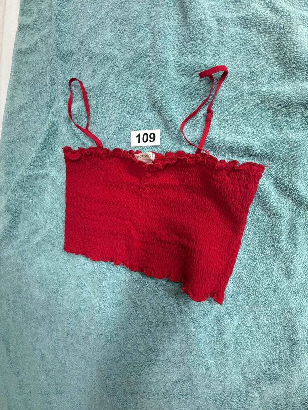 Bozzolo Red Shirred Lettuce Edge Spaghetti Strap Crop Top